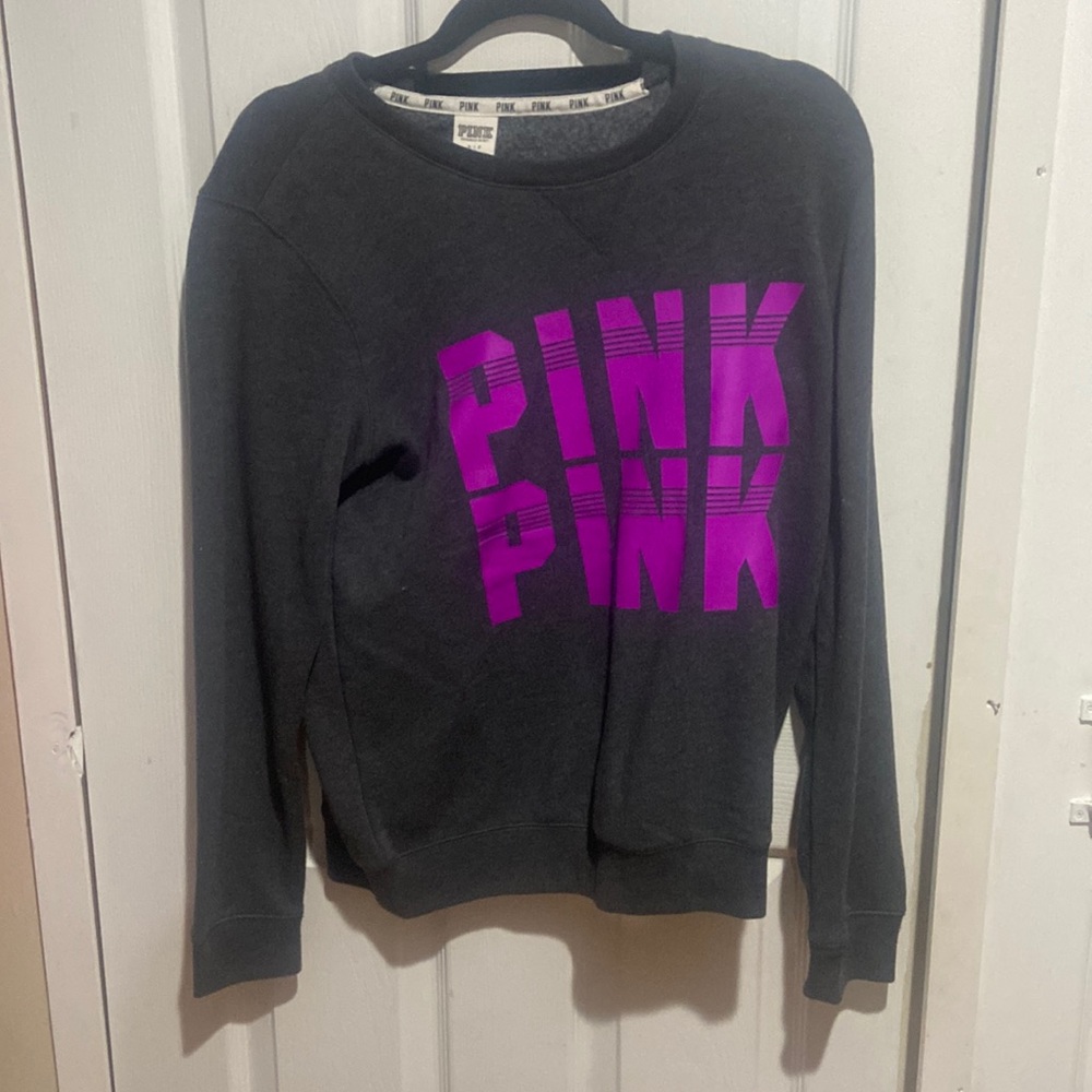 DARK GREY PURPLE TEXT PINK SWEATER LONG SLEEVE